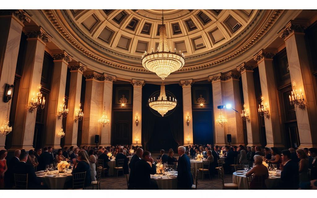 Formally dressed guests at the annual gala in the courthouse rotunda
