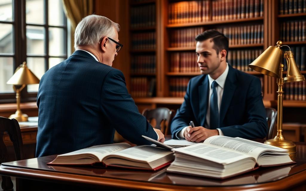 A senior attorney mentoring a young lawyer in a law library